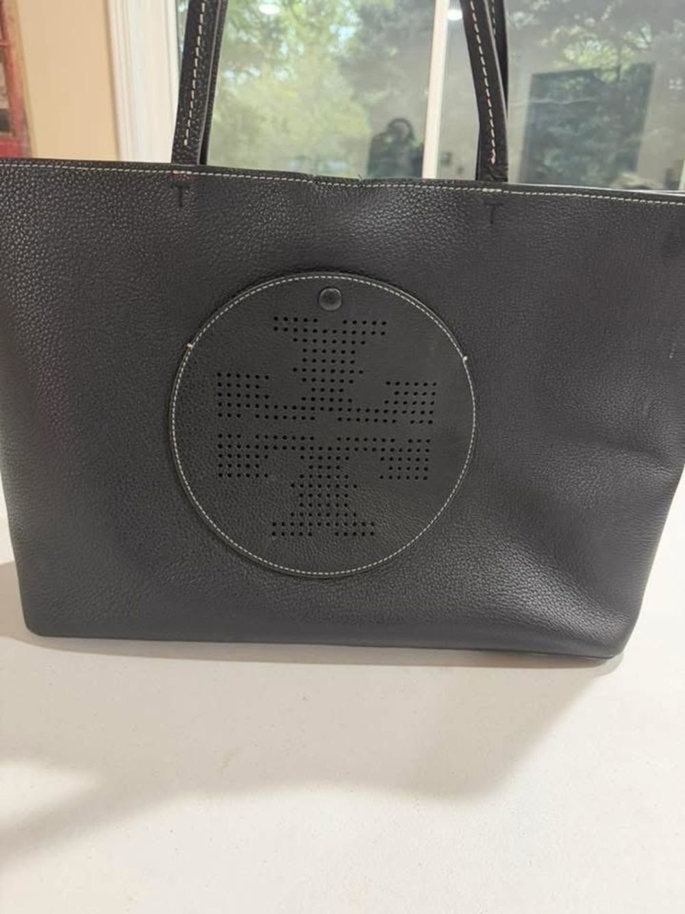 Black Leather Tote Bag with Perforated Round Logo